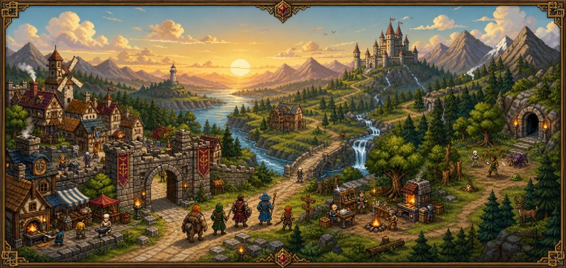 Panorama de una ciudad, aventureros, bosque, castillo y mazmorra de AOMania