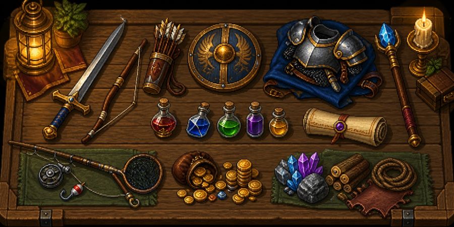 Armas, armadura, pociones, pergaminos, oro y materiales dispuestos sobre una mesa