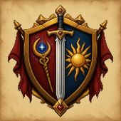 Escudo con una espada, una vara arcana y un sol dorado