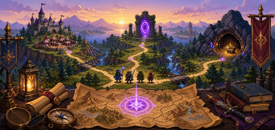Cuatro aventureros eligen caminos hacia un torneo, un portal mágico y un tesoro