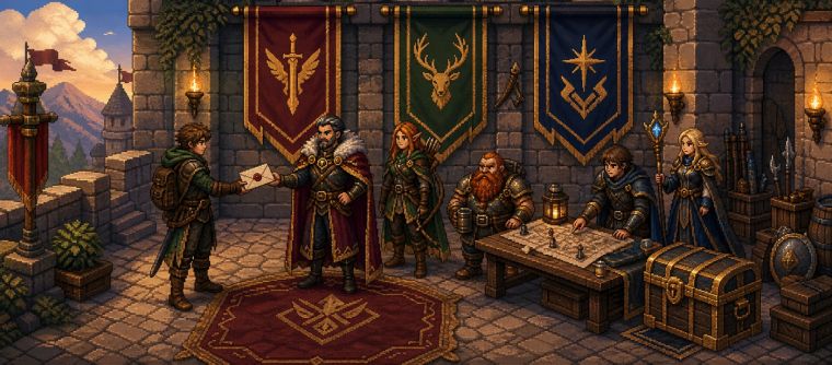 Miembros y estandartes de un clan de AOMania